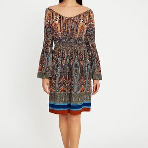 Boston Proper Womans Dress Sz 4 Multicolor Gypsy Boho Smocked Waist Bell Sleeve